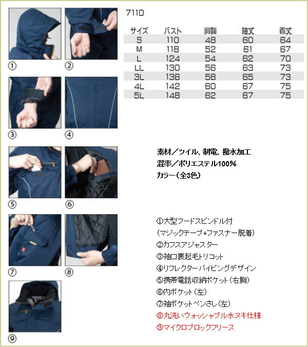 作業服・作業着 7110 防寒 ブルゾン 3色 大型フード付【S/M/L/LL/3L/4L/5L対応】バートル BURTLE ウオッシャブル 帯電防止 撥水加工 上下 防寒着 長袖ブルゾン ズボン 防寒ブルゾン 防寒パンツ制電【作業服】【RCP】