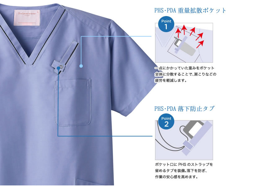 7003SC PHS対応&機能満載 半袖スクラブ 9色【SS/S/M/L/LL/3L/4L対応】男女兼用 ソワンクレエ WILLCOM コラボ スクラブ フォーク FOLK 通気性 春夏 秋冬 通年 ウィルコム メンズ レディース カラー白衣 カラフル Vネック 医務 ドクター 医師 病院【白衣】【RCP】