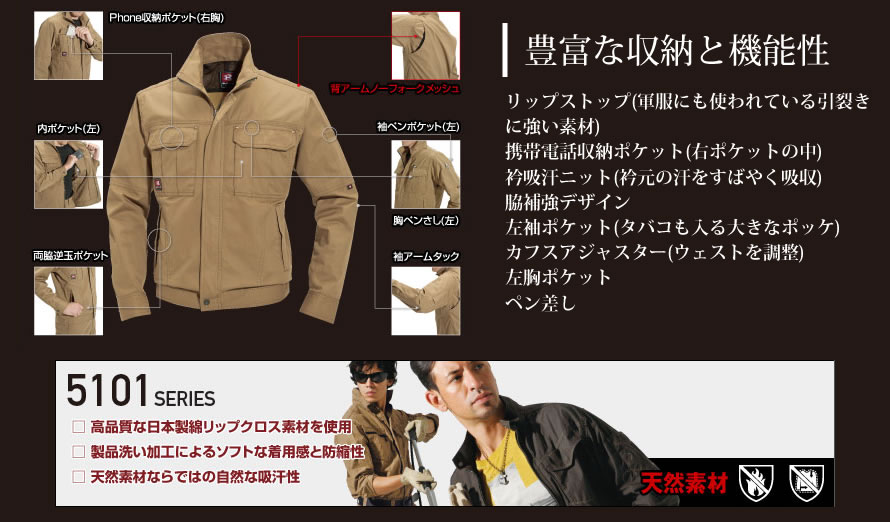 作業服 バートル(BURTLE) '5103 綿リップストップ長袖シャツ 5101シリーズ 【春夏作業服】 普通サイズ