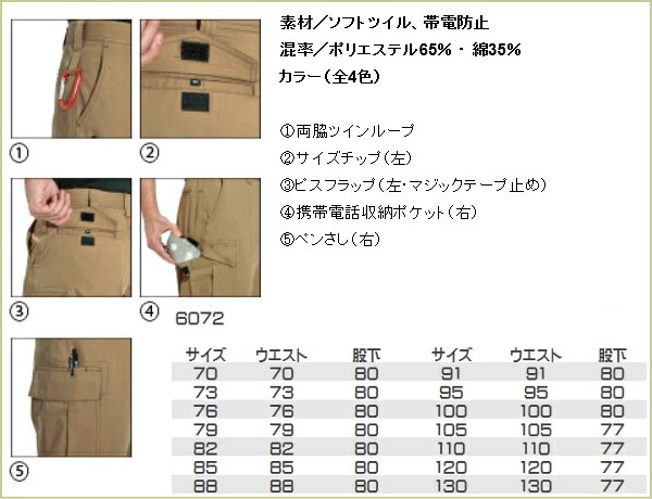 作業服・作業着 6072 カーゴパンツ 4色 バートル BURTLE ソフトツイル 2014 EXS 作業服 ワークパンツ 作業ズボン メンズ 新作 ノータック 衣職 おしゃれ デザイン革新 秋冬用 T/C素材 帯電防止性能