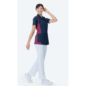 973 レディーススクラブ(衿付) 半袖 白衣 診察着 医療 介護 KAZEN カゼン 薬局衣 医療